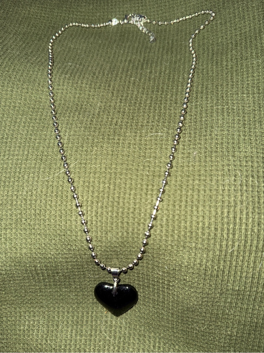 Silver Beaded Necklace with Black Heart Pendant - Women Jewelry